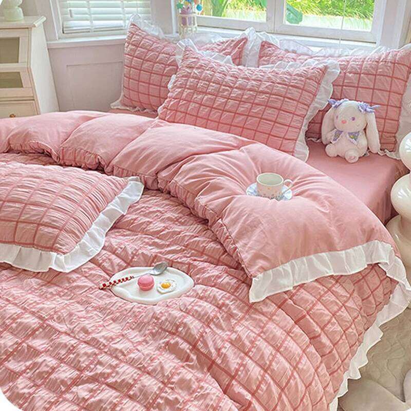 WOSTAR Pink pinch pleat duvet couple 2 people double bed bedding four-piece set 220x240 quilt cover queen king size H260312