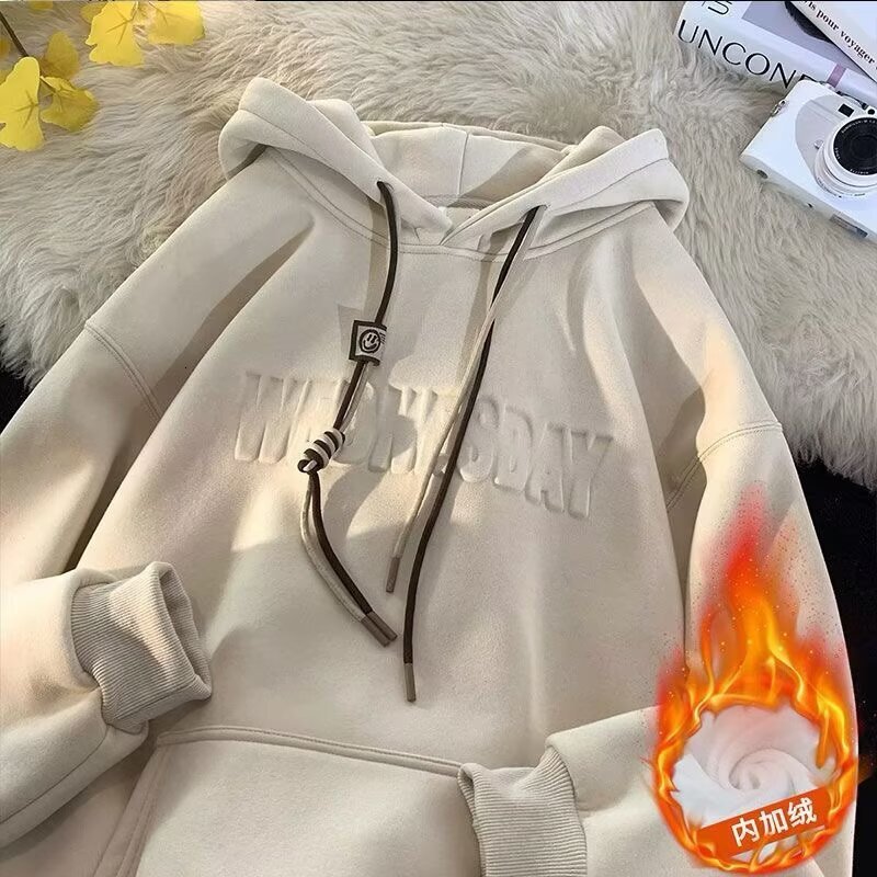 Heavyweight Hooded Sweatshirt For Men Autumn And Winter Trendy Brand Loose Designer Hoodie Fit Fleece-lined Thickened Embossed Jacket