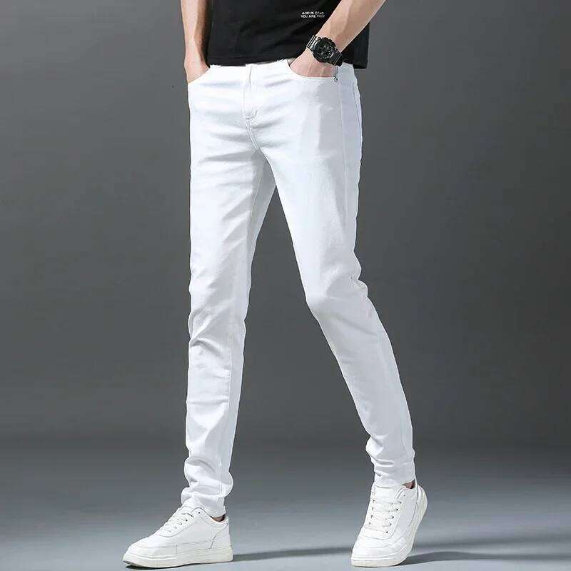Spring Summer New 98%Cotton Men's Slim Jeans Straight Casual Fashion Pencil Pants High Quality Trousers Male Clothes White 26Y0312