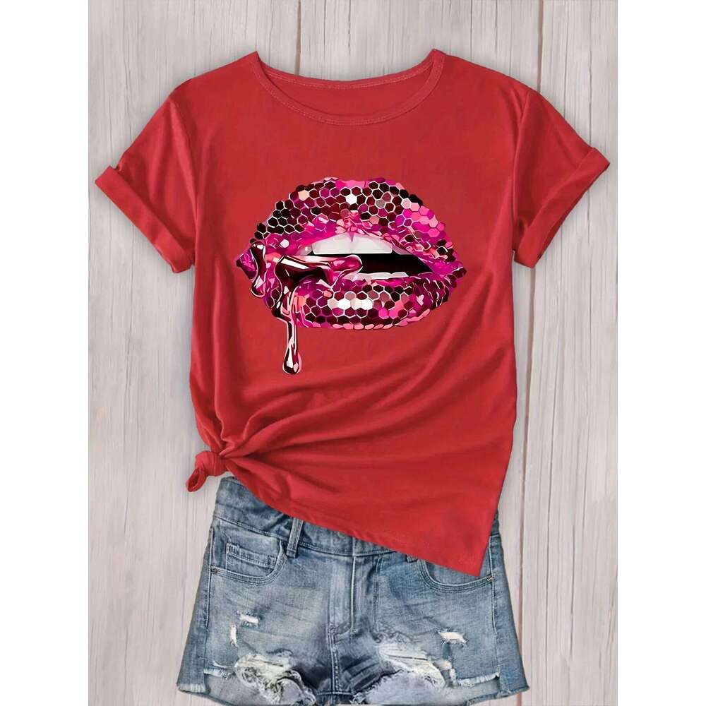 Crew Neck Workout Top Women's Activewear Lips Graphic Sports T-shirt Short Sleeve Casual Aesthetic Clothes Z260312
