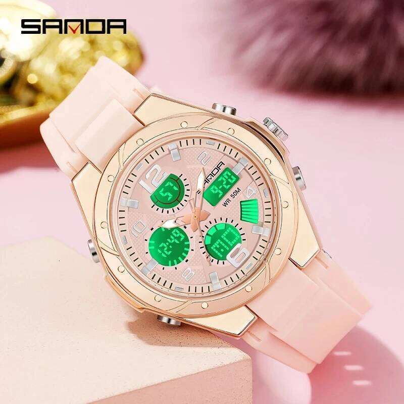 SANDA 6062 Fashion Dynamism Youth Sports Women Multifunction 50M Waterproof Quartz Watch LED Digital Casual Ms. Wristwatches-2