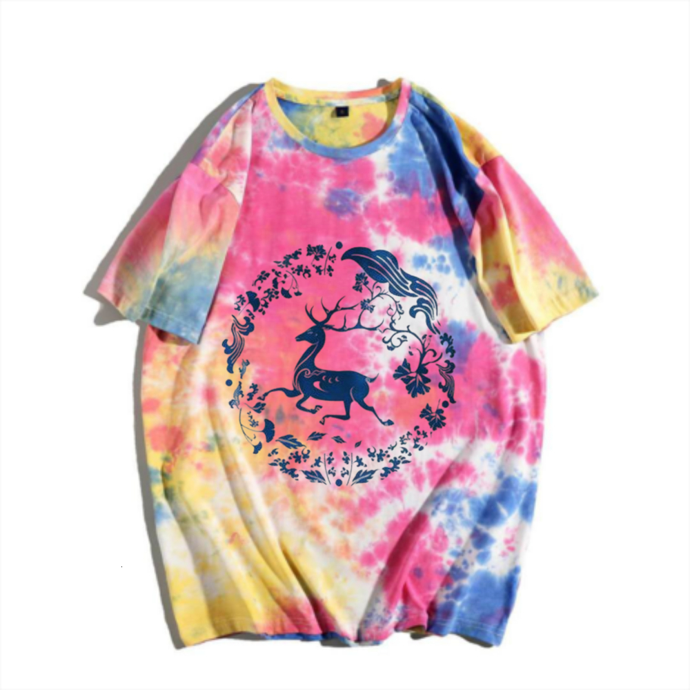 China-Chic New Chinese Deer Crane Tie Dyed Short Sleeve T-shirt Rainbow Gradual Change Traditional Auspicious Pattern Print Men's Summer Versatil