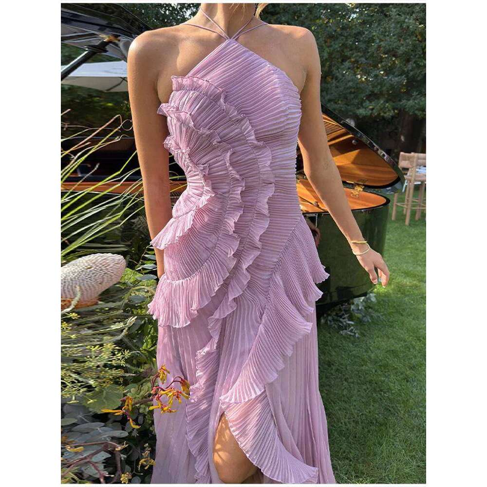 Chic Irregular Chiffon Halter Neck Maxi Dress Lotus Edge High Quality Vacation Gown 2025 New Lady Party Fashion Dresses C260311
