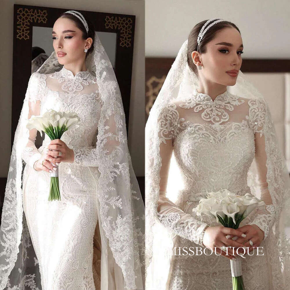Mermaid Special Dresses Long Sleeves Appliques Lace Bridal Gowns Custom Made Sweep Train Robe De Mariee B0312