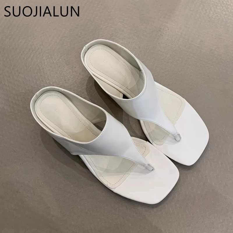 SUOJIALUN 2025 Summer New Women Flat Shoes Fashion Square Toe Slip On Flip Flop Shoes Thin High Heel Outdoor Dress Sandal Slides K260312