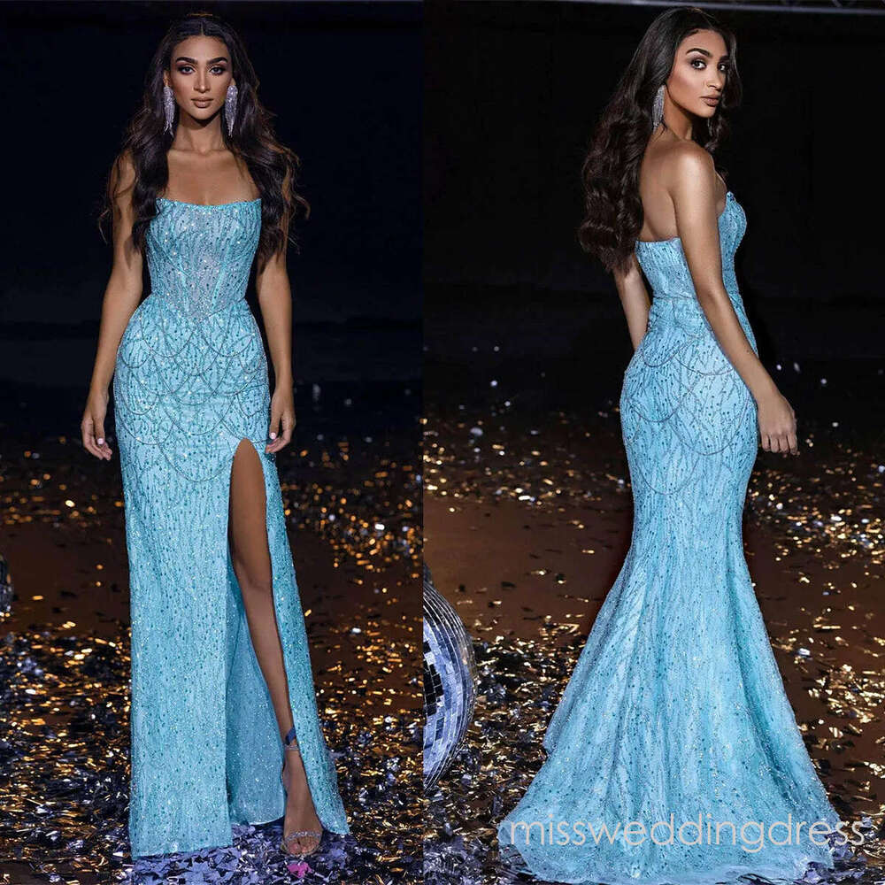 Stylish Sequined Mermaid Evening Strapless Side Split Prom Gowns Tassel Sleeveless Custom Made Illusion Formal Party Dresses