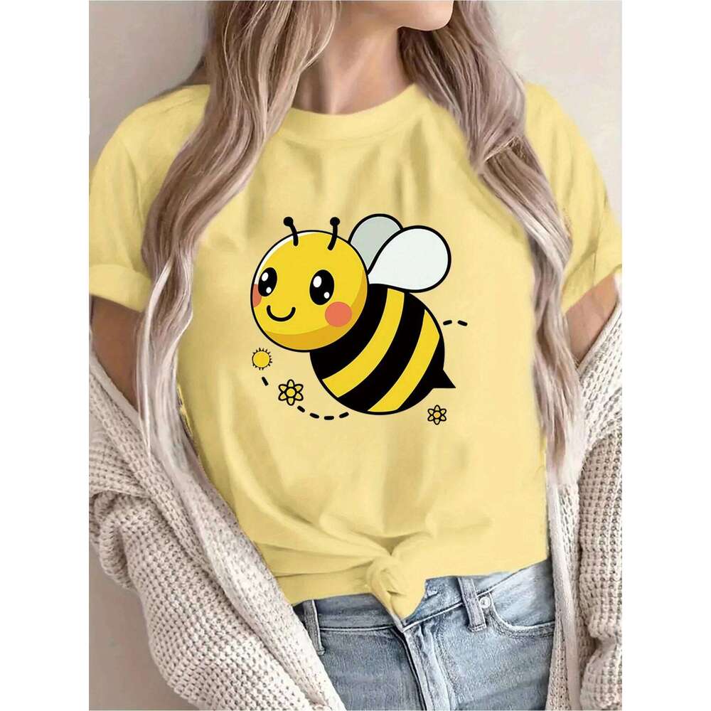 Women's Casual Short Sleeve T-Shirt Cute Cartoon Bee & Floral Print Breathable Round Neck Tee for Spring/Summer Z260312