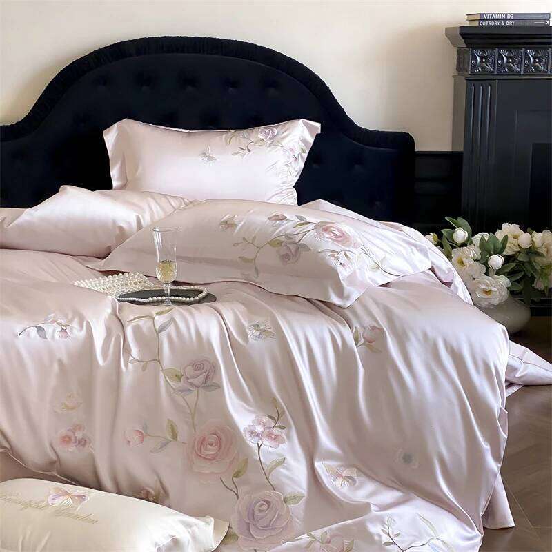 Pink Flowers Embroidery Brocade Egyptian Cotton Soft Silky Bedding Set Duvet Cover Flat/Fitted Bed Sheet Pillowcase 4Pcs H260312