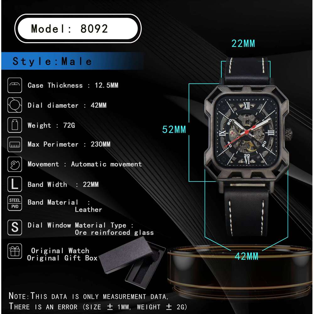 LONGLUX automatic business cool wholesale mechanical wristwatches hollow no logo black leather mens watch men gift