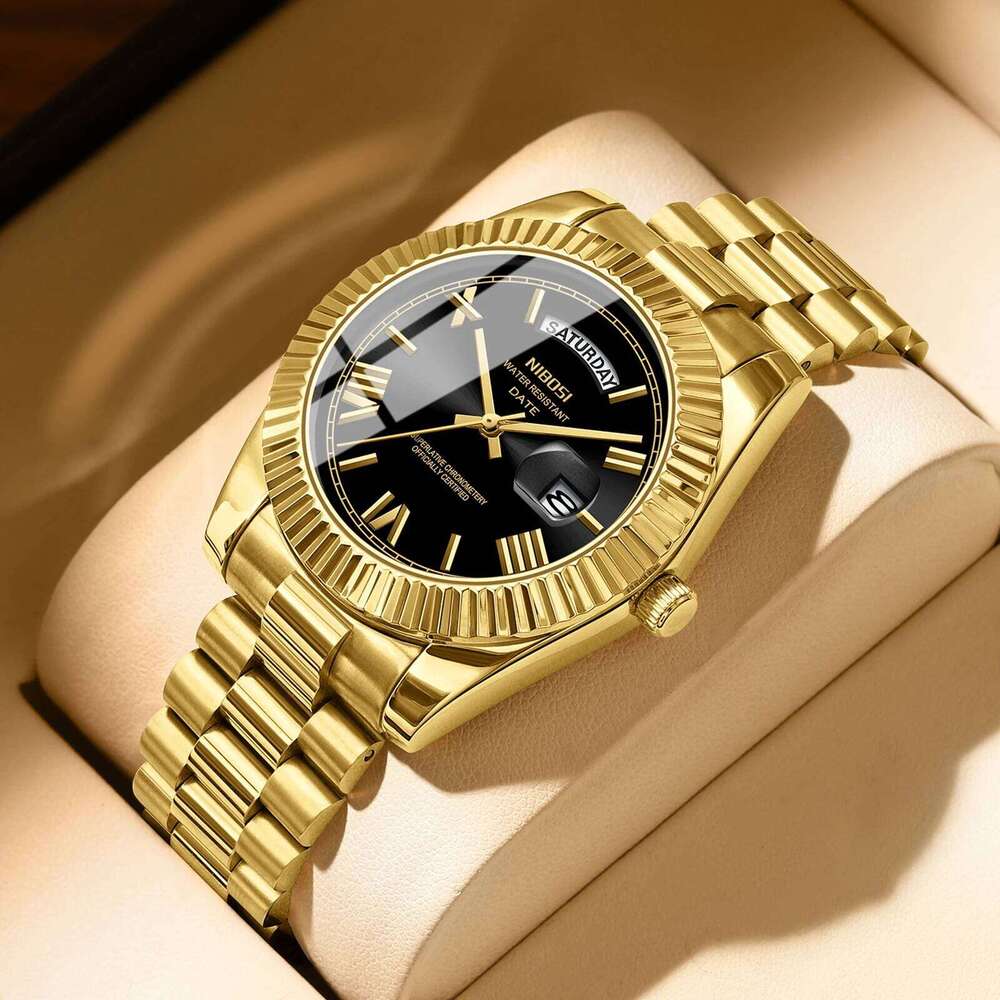 NIBOSI Gold Quartz for Date Week Fashion Watches Stainless Steel Waterproof Luminous Luxury Men Watch Reloj Hombre