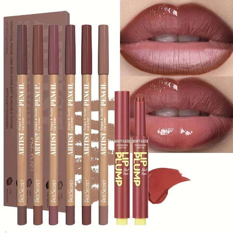 7pcs Makeup Liner Set + Lip Matte Waterproof Long lasting Lipliner Pen Moisturizing Jelly Lipstick W260311