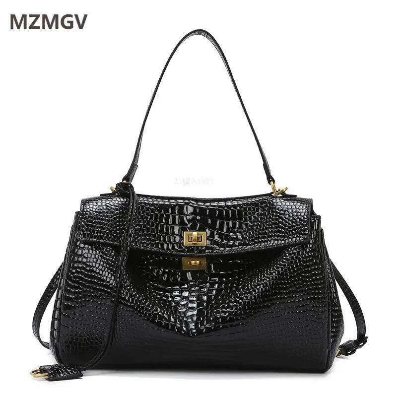 Women's 2025 Crocodile Pattern Soft Leather Shoulder Bag Luxury Designer Bags Large Capacity Vintage Lock Daily Commute