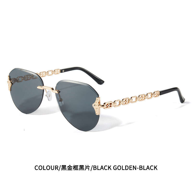 Frameless Cut Edge Light Luxury Women With Metal Chain Temples Hollow Slimming Sunglasses For Beach Photos UV Protection