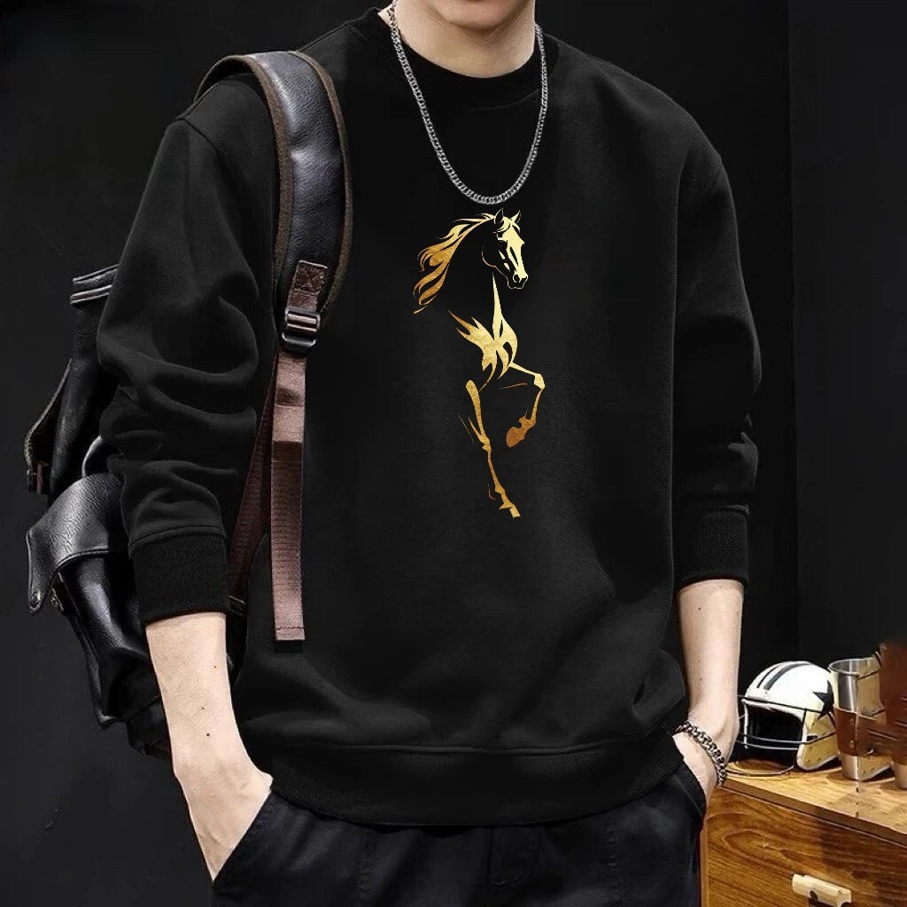 2026 New Trendy Red Swetshirt With Horse Print For Men Autumn/winter Round Neck Design Fleece-lined Long Designer Hoodie Sleeve Bse Shirt