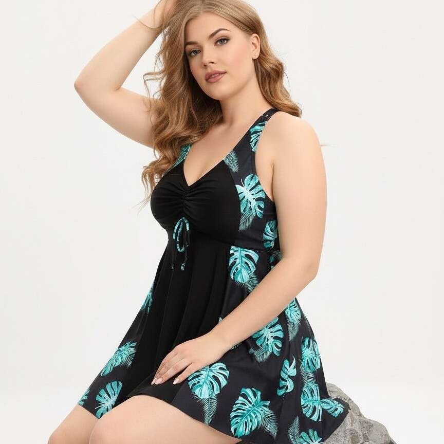 2026 New European and American Cross-Border Women's Swimwear: Conservative, Plus Size, Loose-Fit Skirted Printed Swimsuit with Straps, Concealing