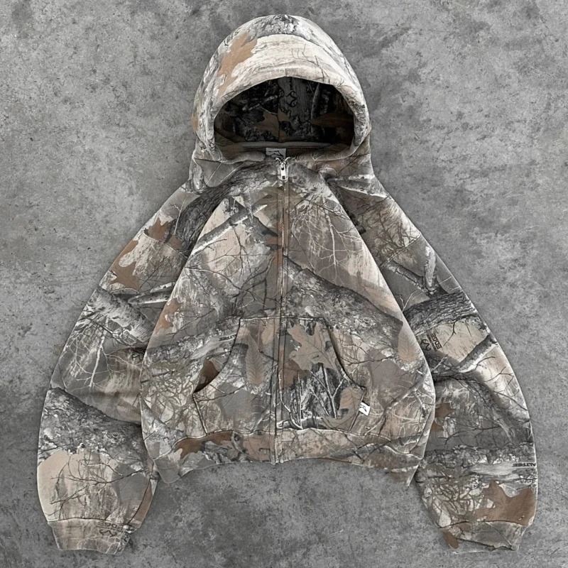 Y2K Retro Zip Up Hoodie Men Camouflage Pattern Zipper Sweatshirt High Street Hip Hop Streetwear Oversized Unisex Camo Hoodie 260311