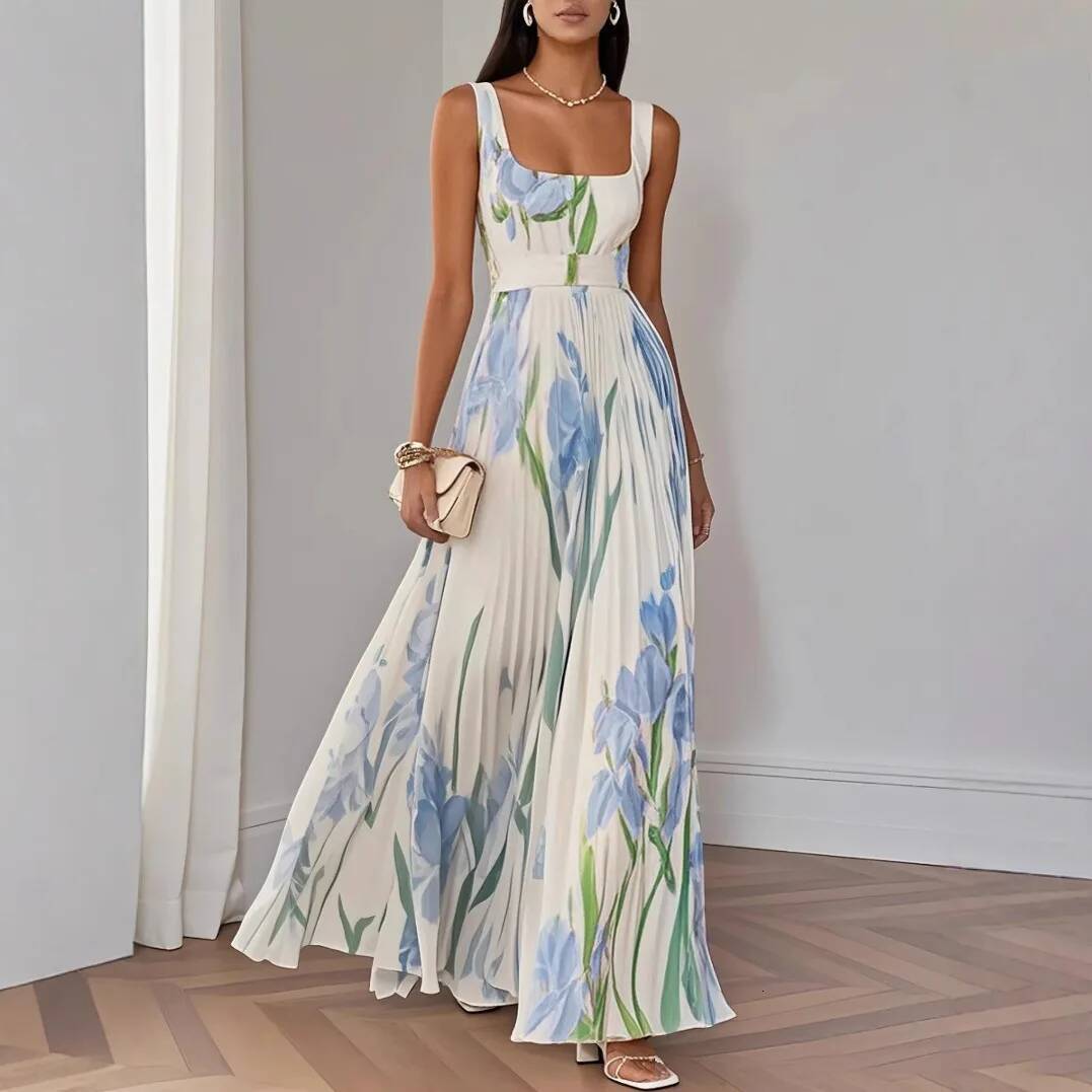 2025 New Women's Sleeveless Straps Summer Dress Elegant Floral Print Pleated Long Shoulder Hollow Boho Dresses dongdumaoyi