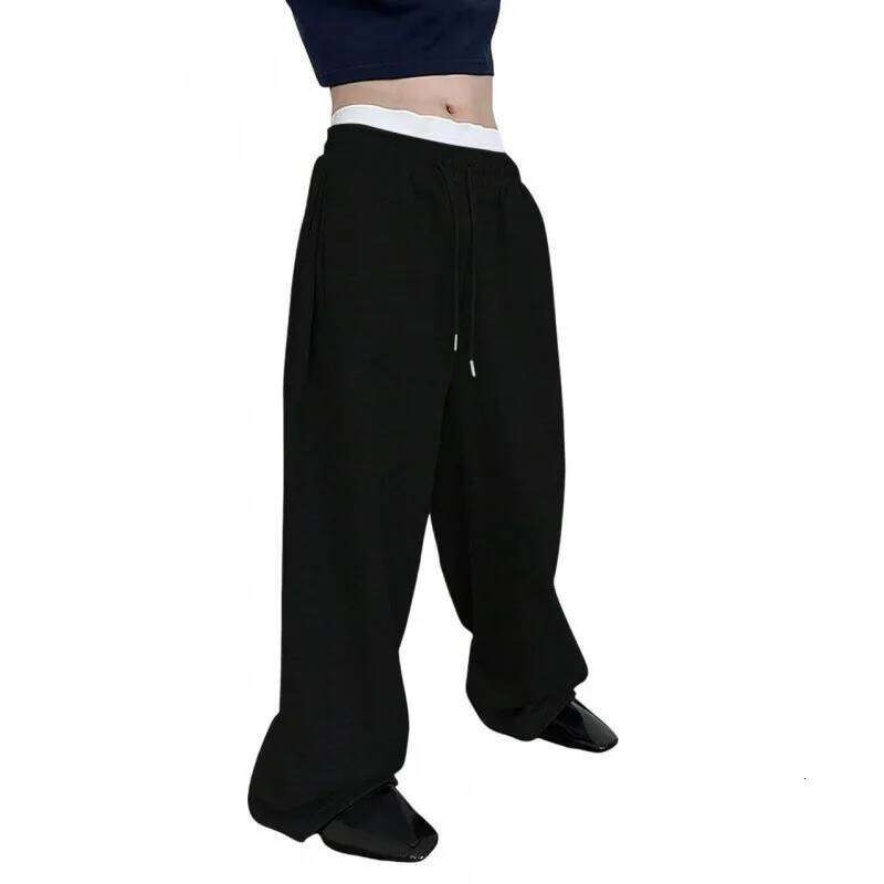 Men's Solid Color Sanitary Pants 2025 Drawstring Waist Straight Wide Leg Loose Fit with Pockets Versatile Sports Trousers