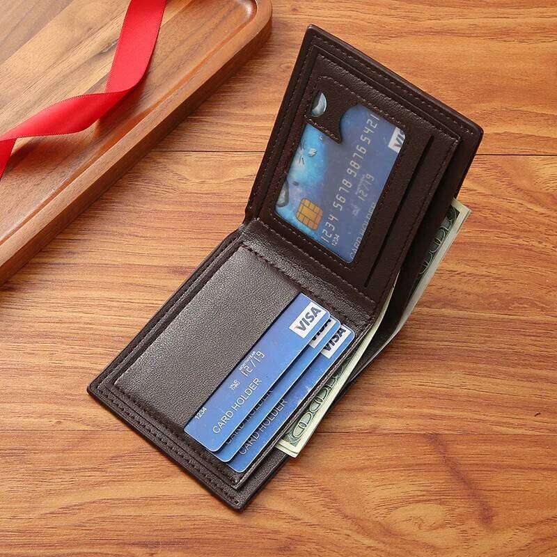 New Brand Men'S Short Youth Fashion Plaid Horizontal Soft Leather Large Capacity Multi Card Wallet