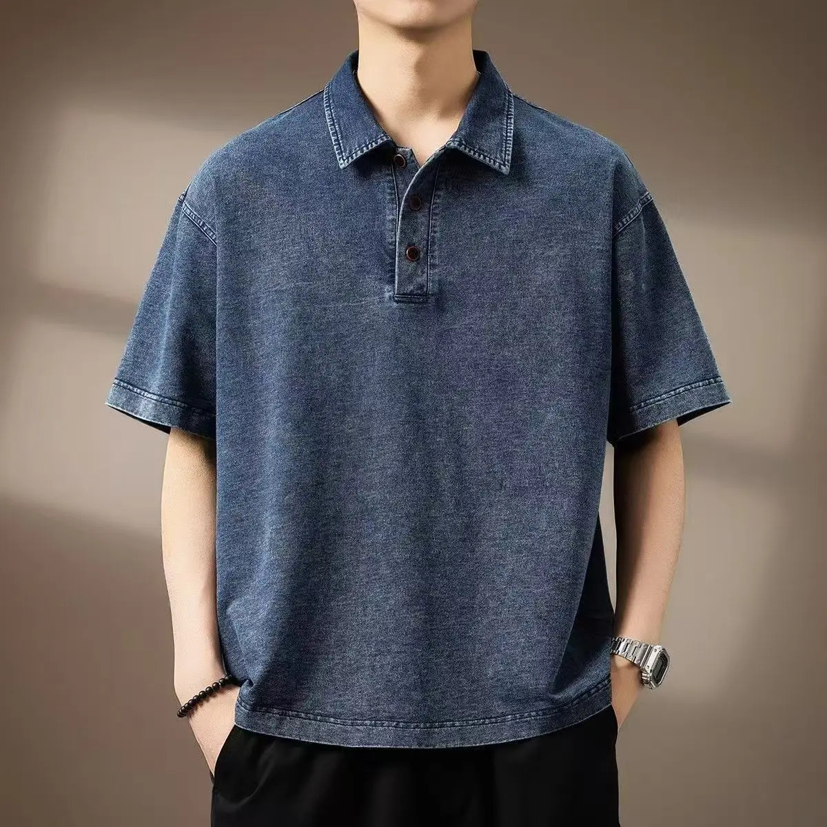 Summer Mens Denim Polo Shirts American Style Lapel Short Sleeved Loose Tees Shirt High-end Mens Thin Trendy Tops 260311