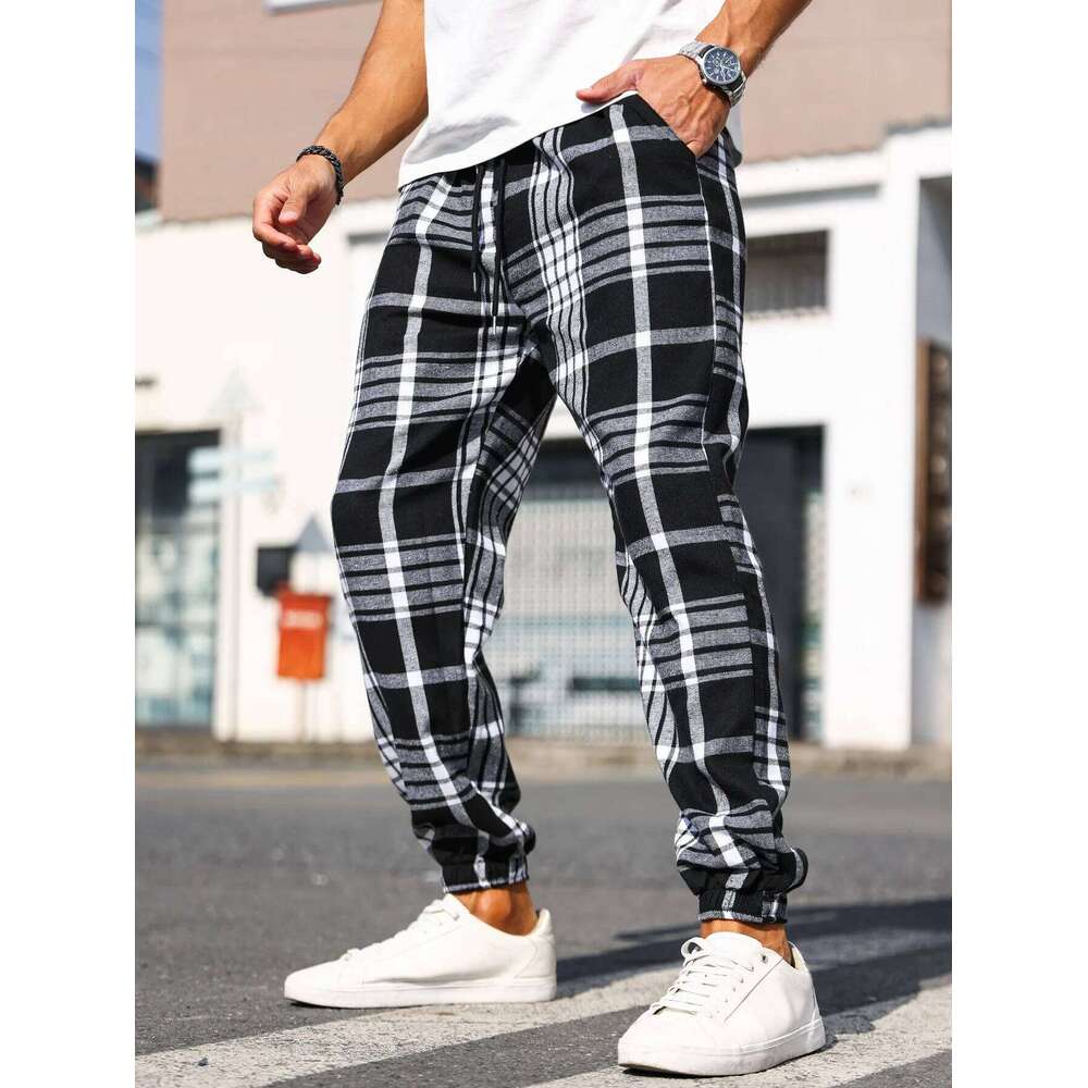 Men's Plaid Print Cuffed Casual Trousers Comfortable Sleepwear Pajamas Pants for Relaxed Style