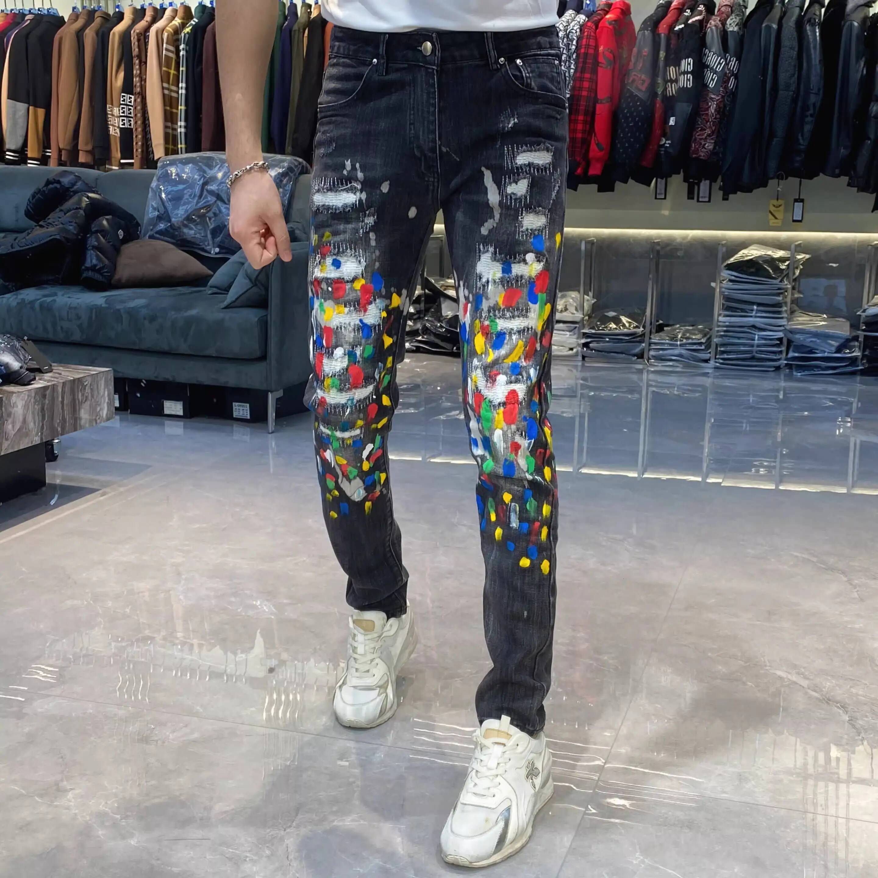 Mens Brand New Paint Splatter Ripped Men's Slim Fit Stretch 2026 Fashion Trendy Versatile Long Pants Jeans Masculina