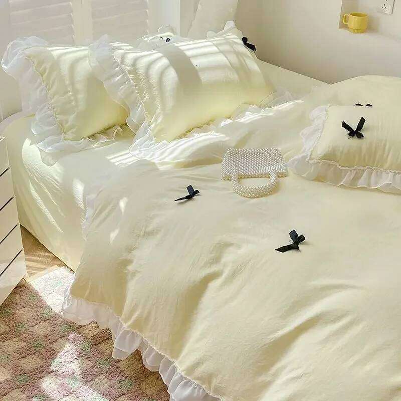 Washed Cotton Embroidered Quilt Cover Bow Heart Sheet Three-piece Bed French Princess Style Lace Four-piece Set H260312