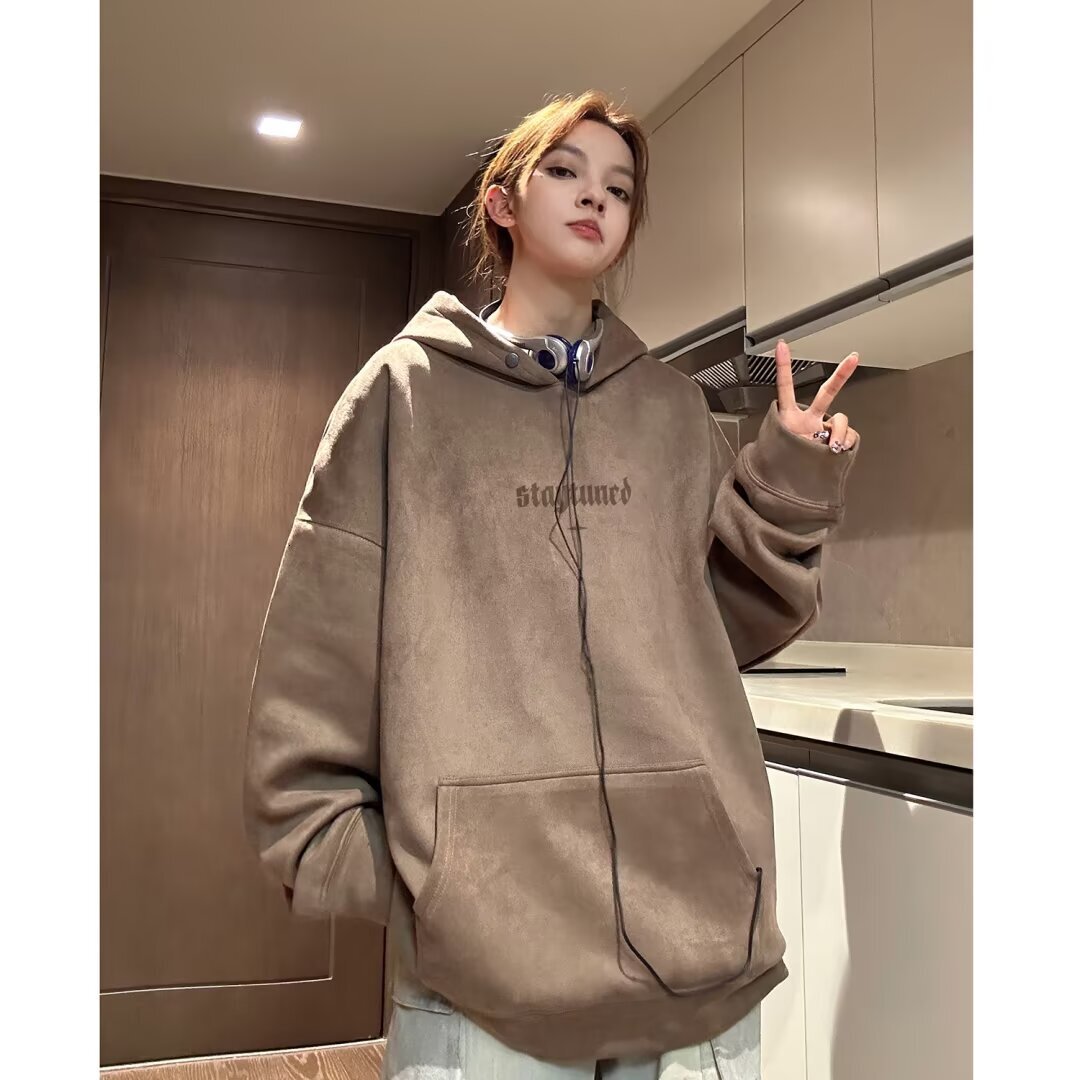 Men's Suede Letter Print Hoodie Autumn And High Street Designer Hoodie Vibe Trendy Brand Stylish And Loose-fitting Heavy-duty Clothing
