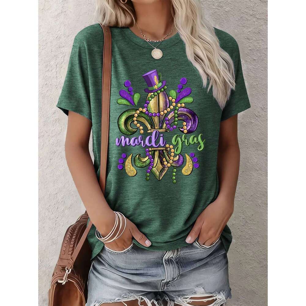 Womens Mardi Gras T Shirt New Orleans Golden Fleur De Lis Purple Top Hat Summer Short Sleeve Casual Party Gift 5 Colors Z260312