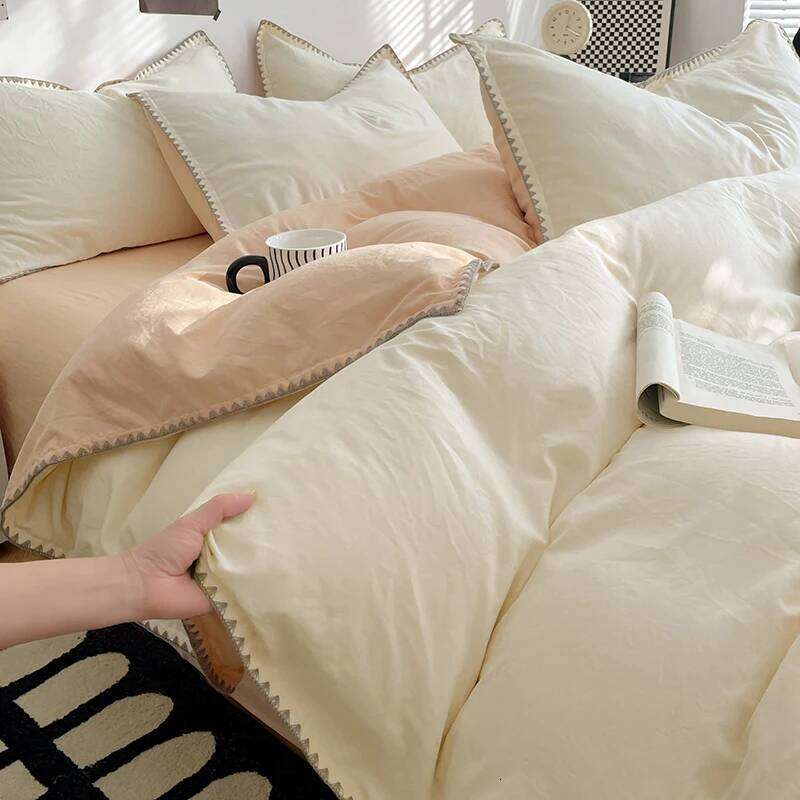 Simple Style Solid Bedding Washed Cotton Flat/Fitted Sheets Set Duvet Cover Bed Linen Pillowcase Full Double Queen King H260312