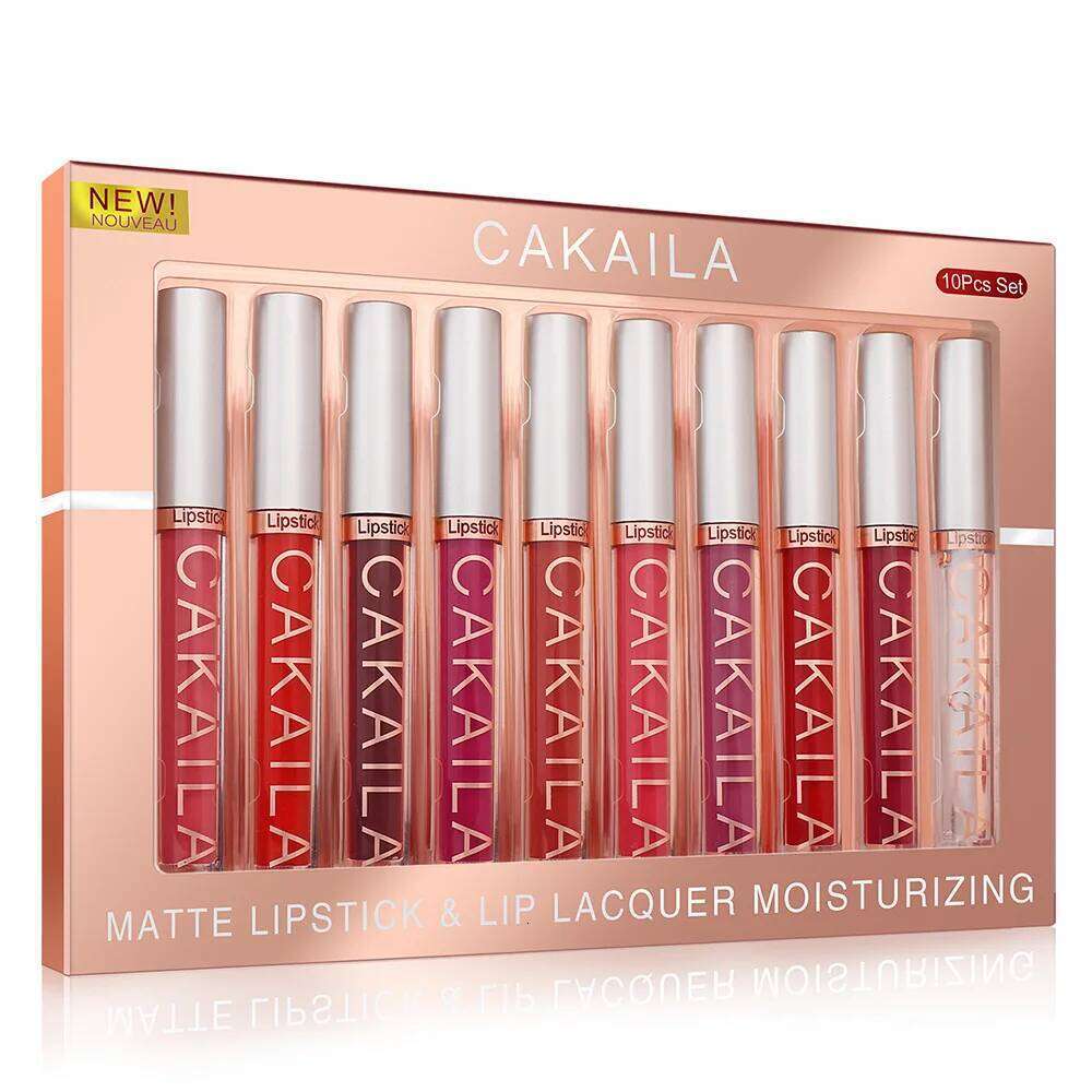 CAKAILA 10 pcs Matte Velvet Nude Lip Gloss Set Lipstick color showing waterproof non-stick liquid lipstick lip gloss W260311