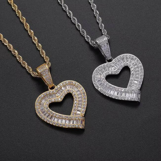 Top ICY Fashion Hip Hop Baguette Heart Pendants for Necklace Couples Men and Women love Romantic Iced Out Pendant Necklace