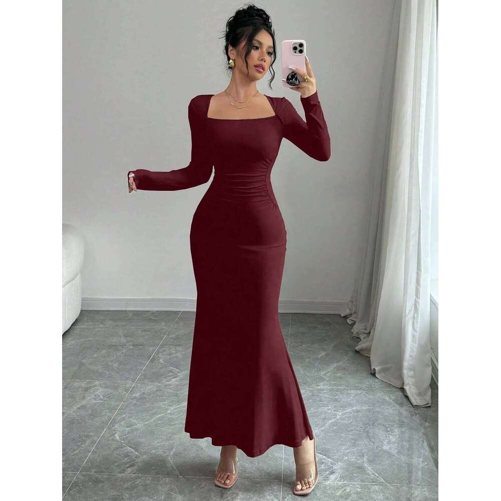 Four Seasons New Style Women's Elegant Temperament Retro Solid Color Square Collar Long Sleeve Dress C260312