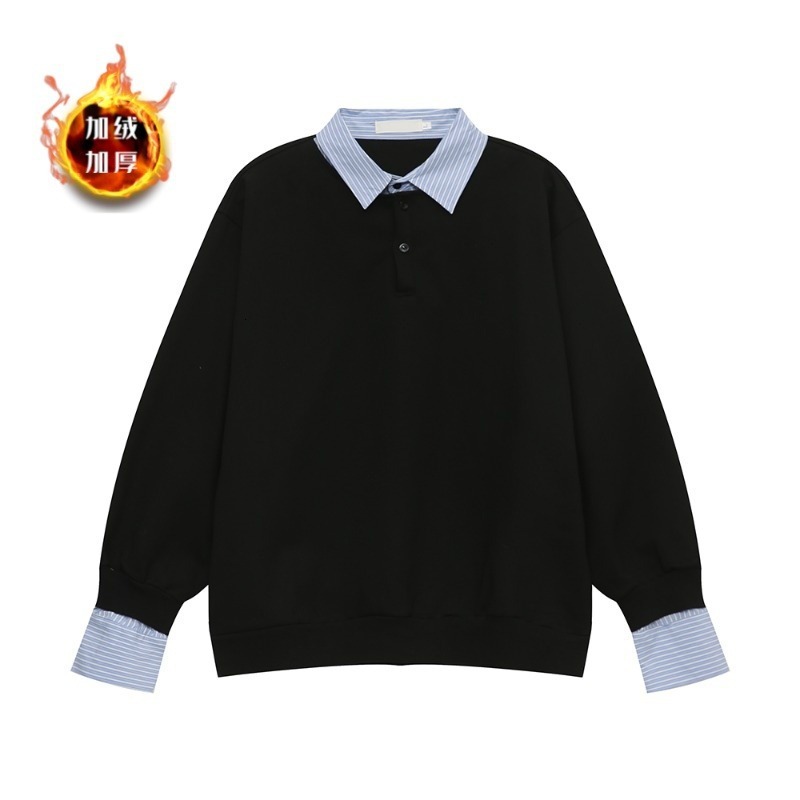 Fake Two-piece Color-blocked Shirt Collar Long-sleeve Fleece-lined Sweatshirt For Designer Hoodie Men Loose Casual Versatile Polo Base Shirt