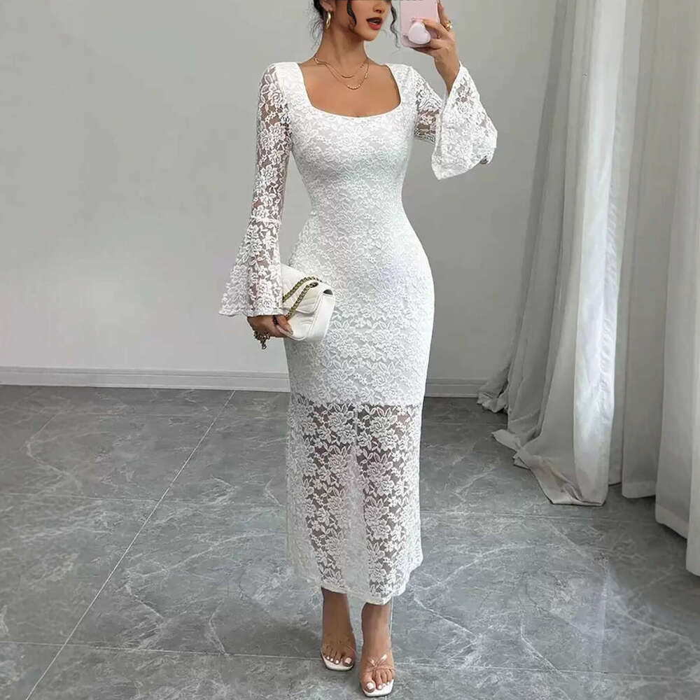 European and American style 2025 autumn new split skirt sexy fashion lace splicing square neck bell sleeve slim-fit dress