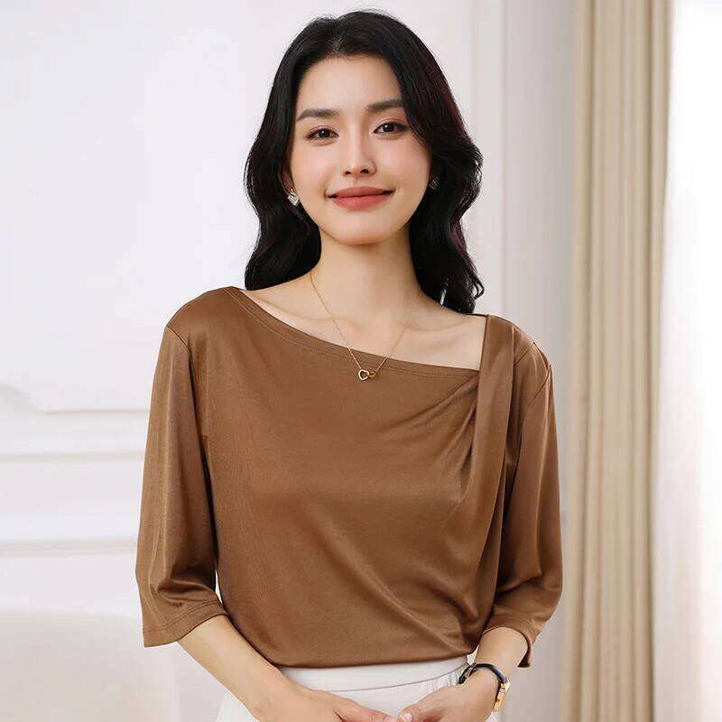 2026 Summer New T-Shirt Knitted Short Sleeve High End Acetate Fiber White Fashion Women's Top MAKOUFEI