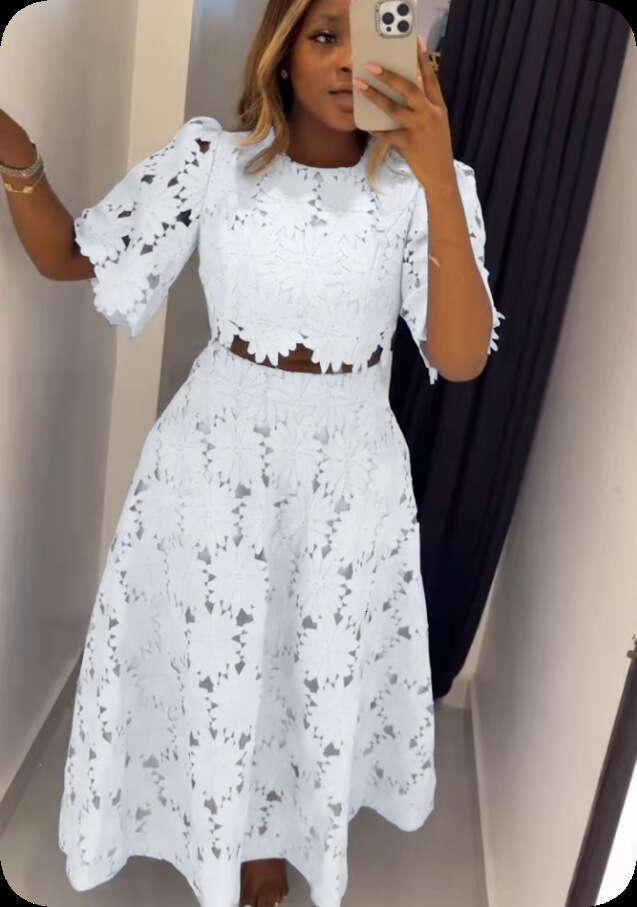2026 New Summer Hollowed-out Lace Skirt Two-piece Set Elegance Pullover Short Top+Long Skirt Fashion Casual Suit Women's Dresses