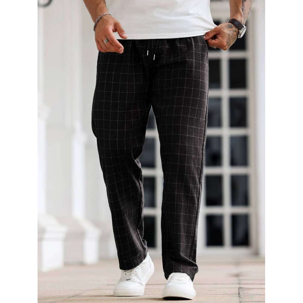 Mens Plaid Pants Solid Color Casual Straight-Leg Trousers Slim Fit Versatile Daily Home Pajamas for Travel And Holidays