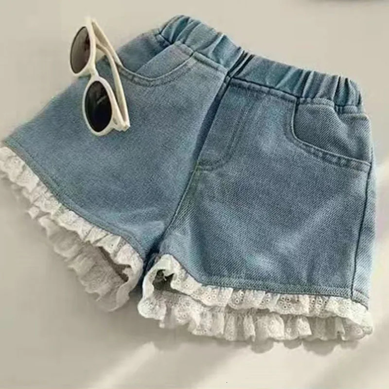 Summer Girls Lace Denim Shorts Korean Fashion Toddler Bow Ribbon Love Hearts Print Casual Versatile Children Clothing 260311