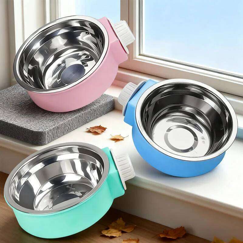 Candy-Colored Pet Cat Food Hanging Stainless Steel Dog Cage Double Bowl 26Y0312