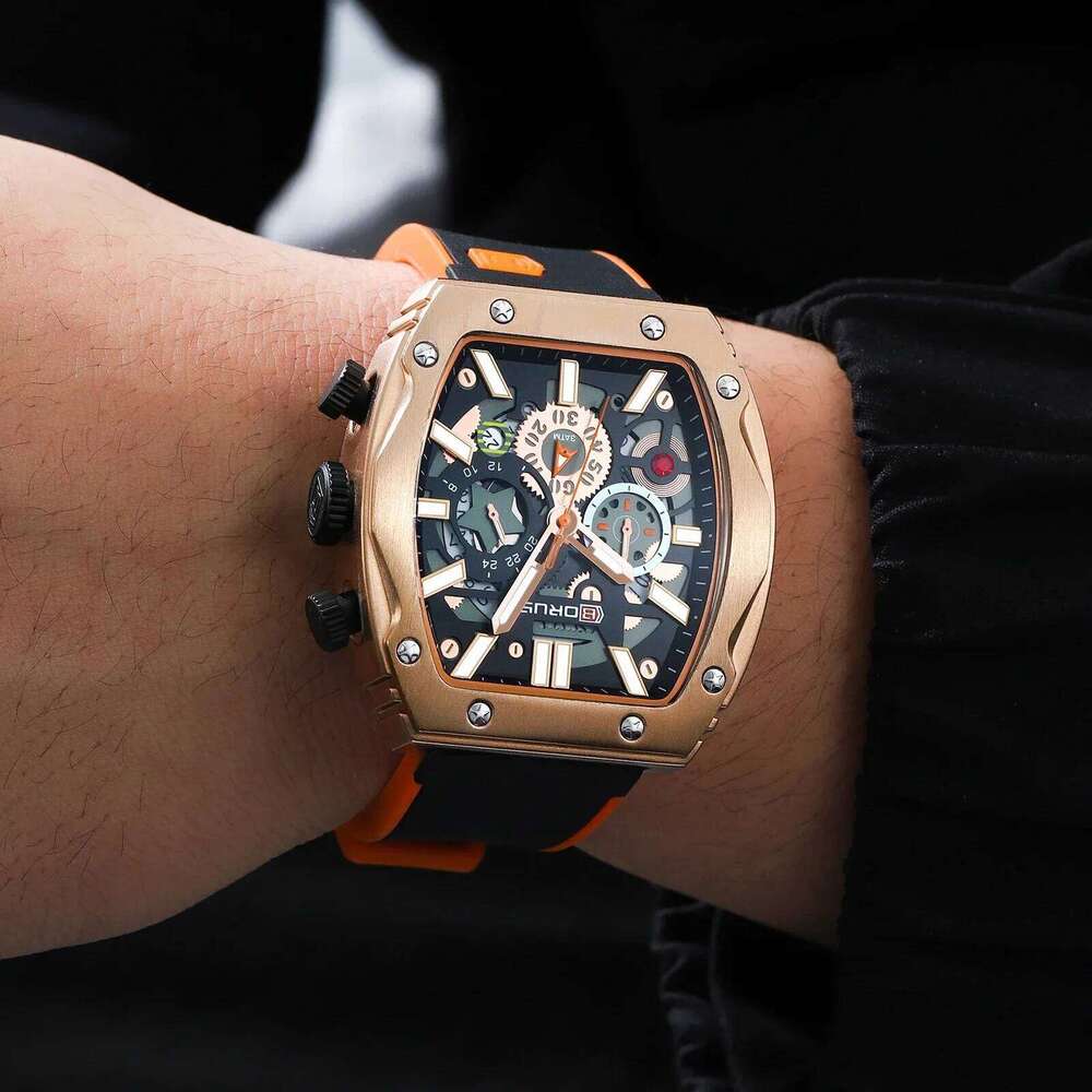 BORUSE 2Pcs/set Fashion Men's Mens Black Orange Silica Strap Necklace And Watch Male Quartz Movement Is The Best Choice
