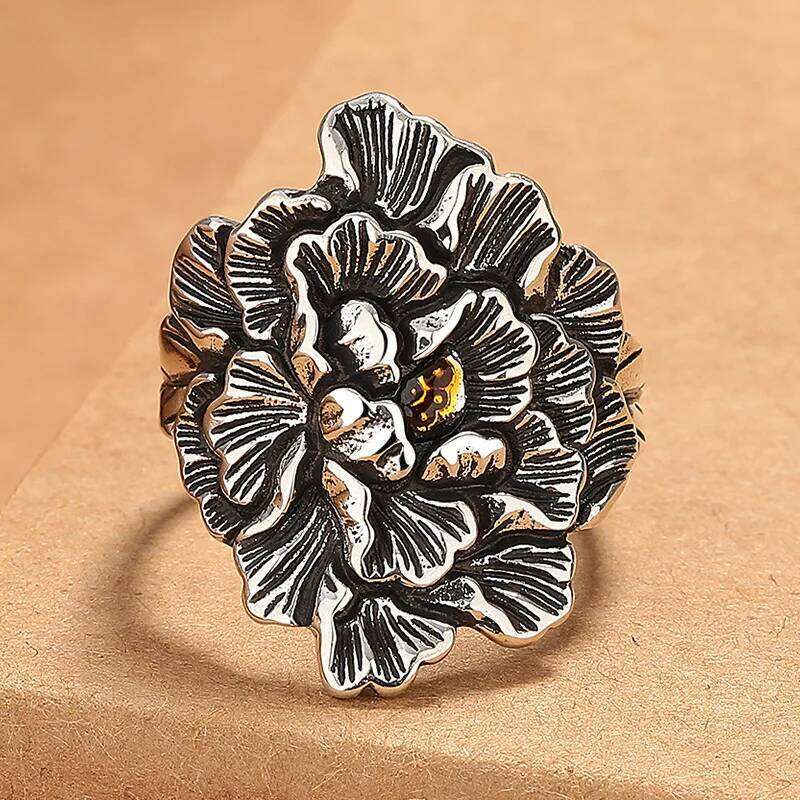Buyee 925 Sterling Silver Big Finger Excellent Peony Flower Open Ring for Woman Fashion Exaggeration Fine Jewelry Circle H260312