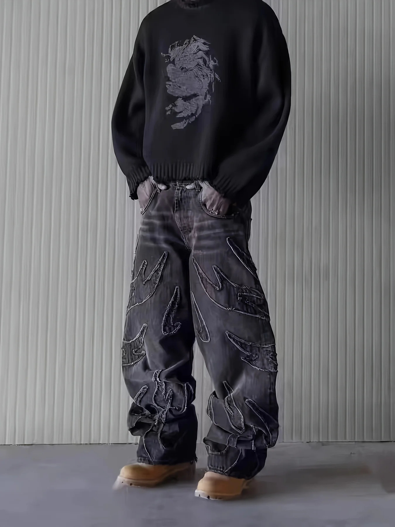 European and American Embroidered Street Graffiti Wide-Leg Jeans for Men Loose Flame Vintage-Style Casual Trousers 260310