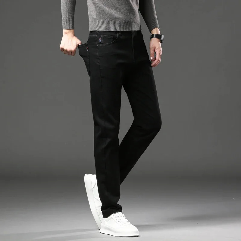 Winter Mens Fleece Jeans Straight Slim Stretch Fashion Business Denim Pants Thickened Warm Male Plush Trousers Clothes 260228