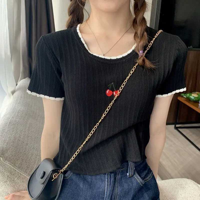 Women Summer Korean Fashion Embroidered Solid Color O-neck Women Clothes All-match Fashionable Slim Appear Thin Short Sleeve TopT260312