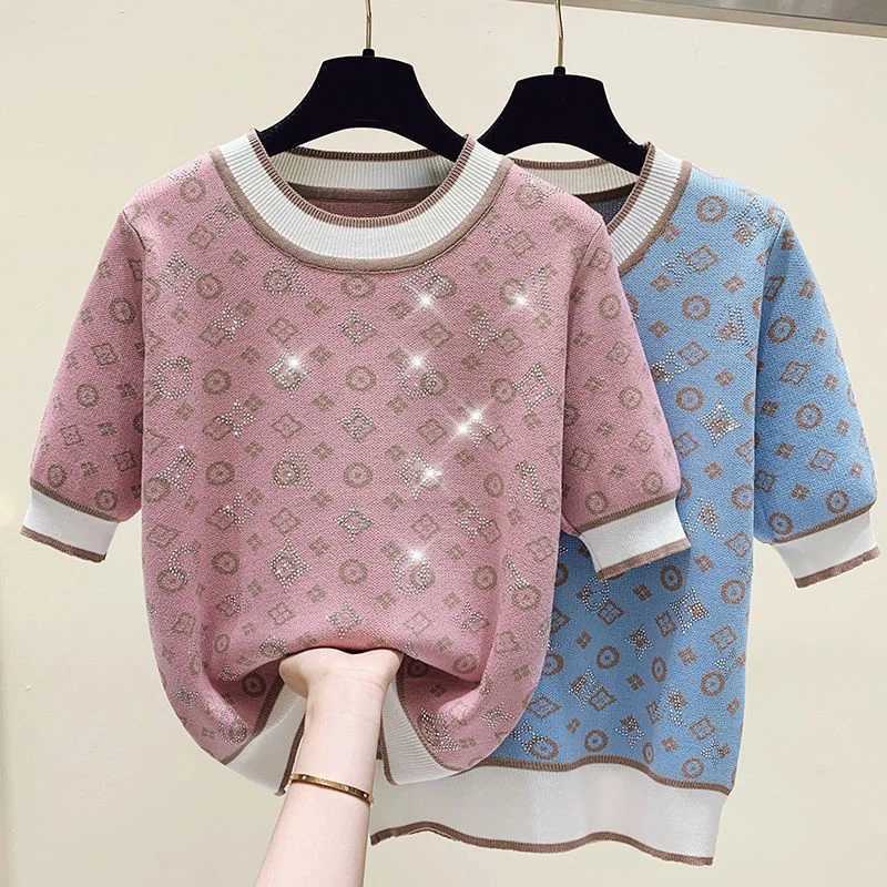 2023 Spring Summer Women Sweater Fashion Short Sleeve Sweater Female Knit Glitter Stones T Shirt Femme Vintage Slim Summer TopsT260312