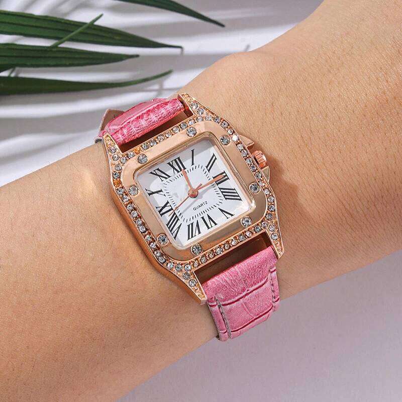 6pcs Women Fashion Quartz Female Clock Pink Butterfly Necklace Bracelet Luxury Design Ladies Leather Wrist Watch