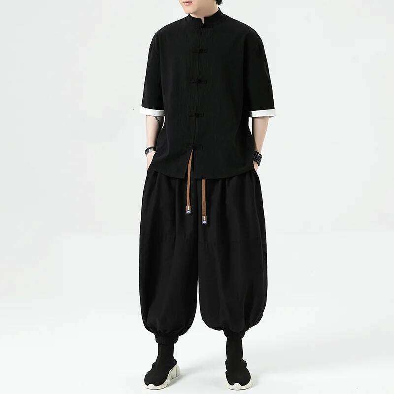 2024 Summer Wide Leg Dark Wind Solid Color Casual Japanese Styles Harun Men Cotton Linen Lantern Pants