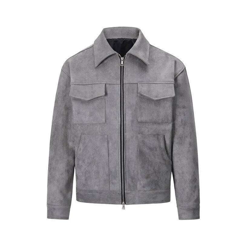 Vintage High Street Suede Material Crock With Zipper Lapel Casual Short Jacket For Men 26H0311