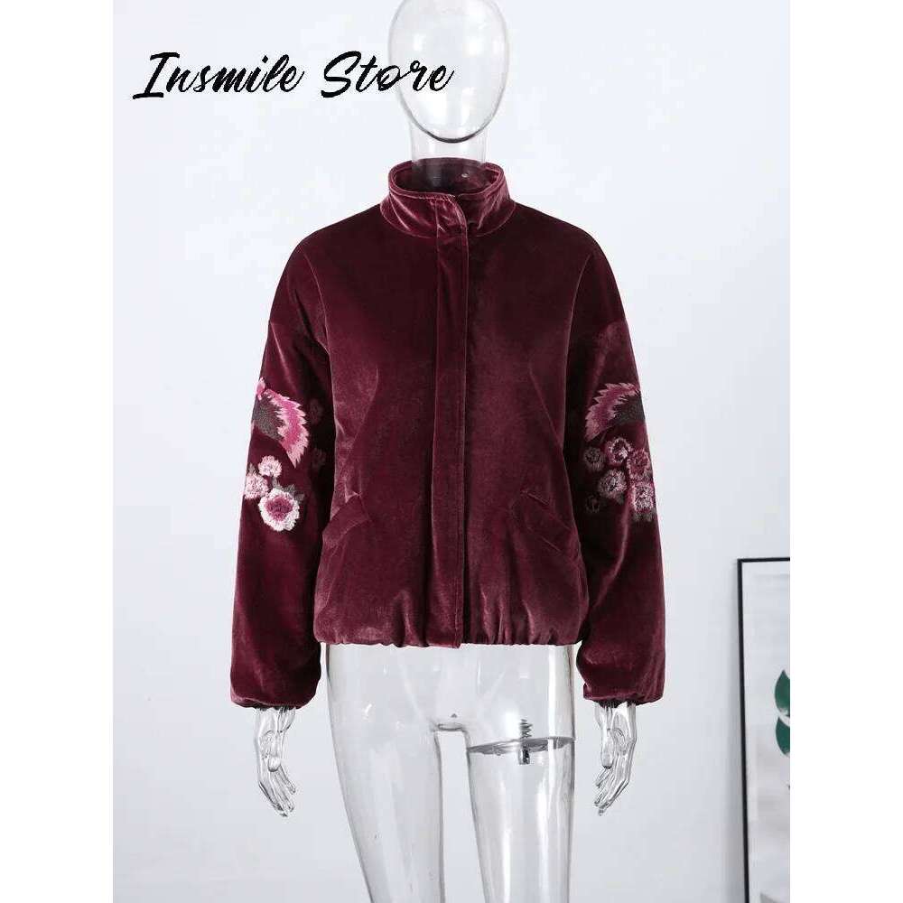Fashion Embroidery Jacket Women Stand Collar Zipper Full Sleeve Pockets Red Coat 2025 Autumn Lady Casual Vintage Outwear Asia Size